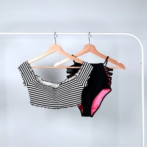 PINK Striped Black and White Bikini Set